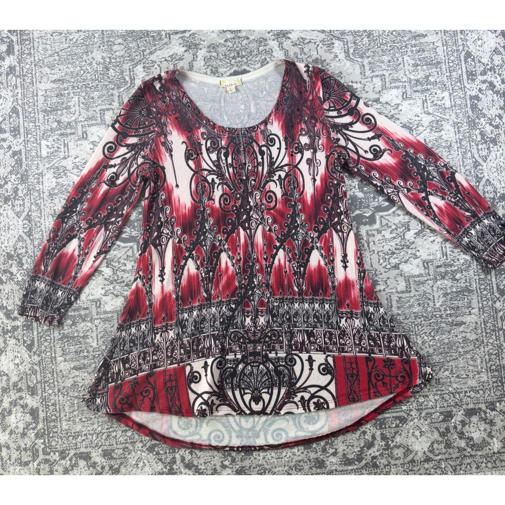 Nurture Womens Gothic Filigree Rhinestone Knit Tunic Top Red Black Small